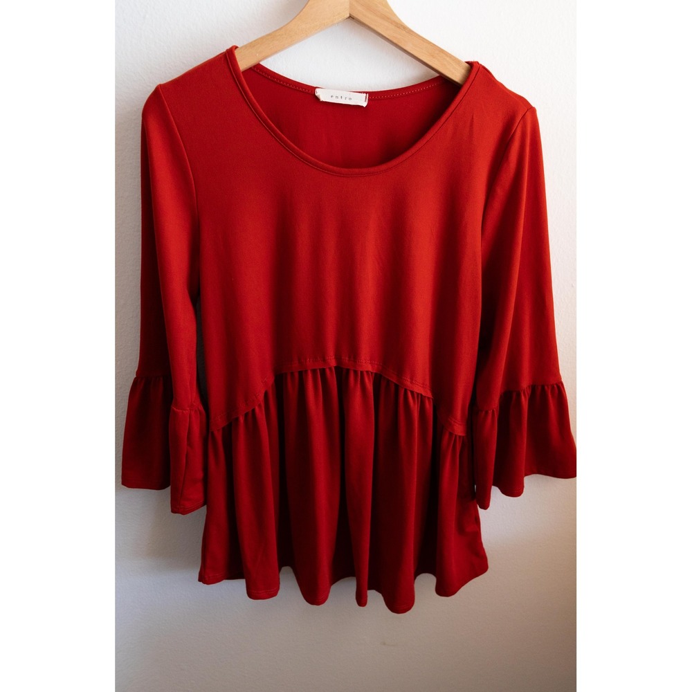 Entro Red Babydoll Peplum Top 3/4 Bell Sleeve Scoop Neck Blouse